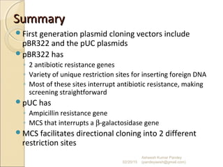 SummarySummary
First generation plasmid cloning vectors include
pBR322 and the pUC plasmids
pBR322 has
◦ 2 antibiotic resistance genes
◦ Variety of unique restriction sites for inserting foreign DNA
◦ Most of these sites interrupt antibiotic resistance, making
screening straightforward
pUC has
◦ Ampicillin resistance gene
◦ MCS that interrupts a β-galactosidase gene
MCS facilitates directional cloning into 2 different
restriction sites
02/20/15
Asheesh Kumar Pandey
(pandeyasish@gmail.com)
 