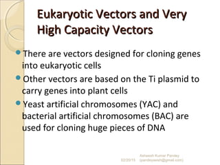 Eukaryotic Vectors and VeryEukaryotic Vectors and Very
High Capacity VectorsHigh Capacity Vectors
There are vectors designed for cloning genes
into eukaryotic cells
Other vectors are based on the Ti plasmid to
carry genes into plant cells
Yeast artificial chromosomes (YAC) and
bacterial artificial chromosomes (BAC) are
used for cloning huge pieces of DNA
02/20/15
Asheesh Kumar Pandey
(pandeyasish@gmail.com)
 