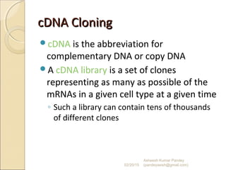 cDNA CloningcDNA Cloning
cDNA is the abbreviation for
complementary DNA or copy DNA
A cDNA library is a set of clones
representing as many as possible of the
mRNAs in a given cell type at a given time
◦ Such a library can contain tens of thousands
of different clones
02/20/15
Asheesh Kumar Pandey
(pandeyasish@gmail.com)
 