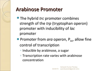 Arabinose PromoterArabinose Promoter
The hybrid trc promoter combines
strength of the trp (tryptophan operon)
promoter with inducibility of lac
promoter
Promoter from ara operon, PBAD, allow fine
control of transcription
◦ Inducible by arabinose, a sugar
◦ Transcription rate varies with arabinose
concentration
02/20/15
Asheesh Kumar Pandey
(pandeyasish@gmail.com)
 