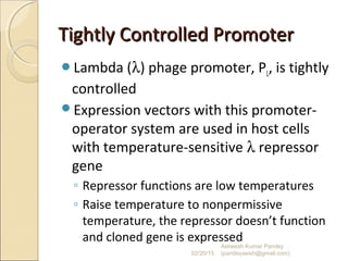 Tightly Controlled PromoterTightly Controlled Promoter
Lambda (λ) phage promoter, PL, is tightly
controlled
Expression vectors with this promoter-
operator system are used in host cells
with temperature-sensitive λ repressor
gene
◦ Repressor functions are low temperatures
◦ Raise temperature to nonpermissive
temperature, the repressor doesn’t function
and cloned gene is expressed
02/20/15
Asheesh Kumar Pandey
(pandeyasish@gmail.com)
 