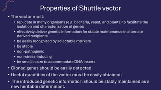 Properties of Shuttle vector
• The vector must:
• replicate in many organisms (e.g. bacteria, yeast, and plants) to facilitate the
isolation and characterization of genes
• effectively deliver genetic information for stable maintenance in alternate
derived recipients
• be easily recognized by selectable markers
• be stable
• non-pathogenic
• non-stress-inducing
• be small in size to accommodate DNA inserts
• Cloned genes should be easily detected
• Useful quantities of the vector must be easily obtained;
• The introduced genetic information should be stably maintained as a
new heritable determinant.
 