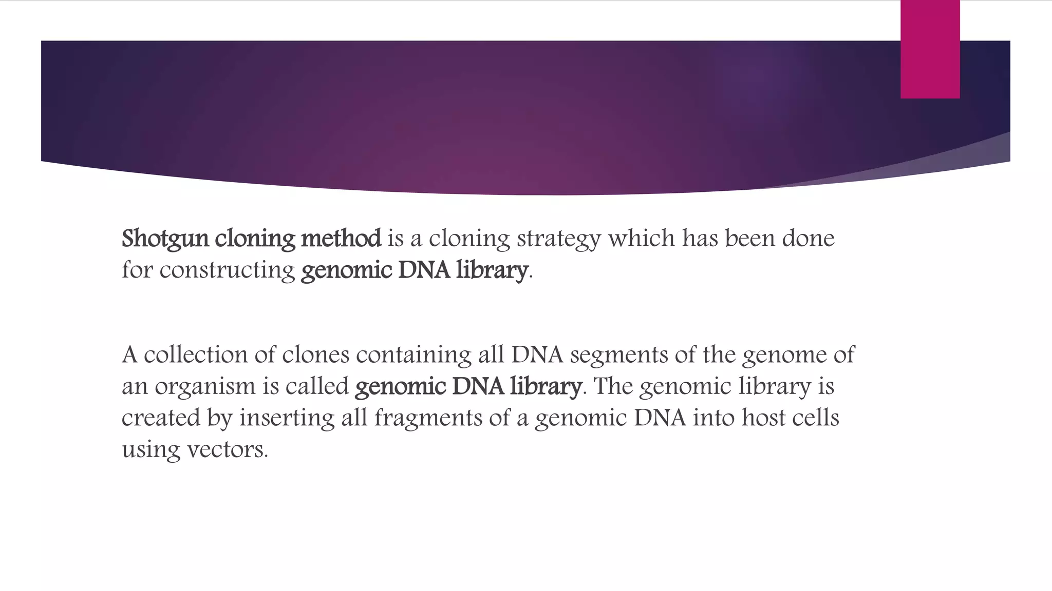 Shotgun cloning method is a cloning strategy which has been done
for constructing genomic DNA library.
A collection of clones containing all DNA segments of the genome of
an organism is called genomic DNA library. The genomic library is
created by inserting all fragments of a genomic DNA into host cells
using vectors.
 