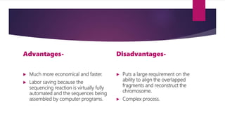 Advantages-
 Much more economical and faster.
 Labor saving because the
sequencing reaction is virtually fully
automated and the sequences being
assembled by computer programs.
Disadvantages-
 Puts a large requirement on the
ability to align the overlapped
fragments and reconstruct the
chromosome.
 Complex process.
 