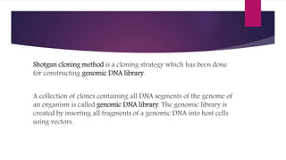 Shotgun cloning method is a cloning strategy which has been done
for constructing genomic DNA library.
A collection of clones containing all DNA segments of the genome of
an organism is called genomic DNA library. The genomic library is
created by inserting all fragments of a genomic DNA into host cells
using vectors.
 