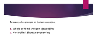 Two approaches are made on shotgun sequencing-
1. Whole genome shotgun sequencing
2. Hierarchical Shotgun sequencing
 