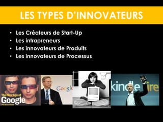 LES TYPES D’INNOVATEURS 
• Les Créateurs de Start-Up 
• Les intrapreneurs 
• Les innovateurs de Produits 
• Les innovateurs de Processus 
 