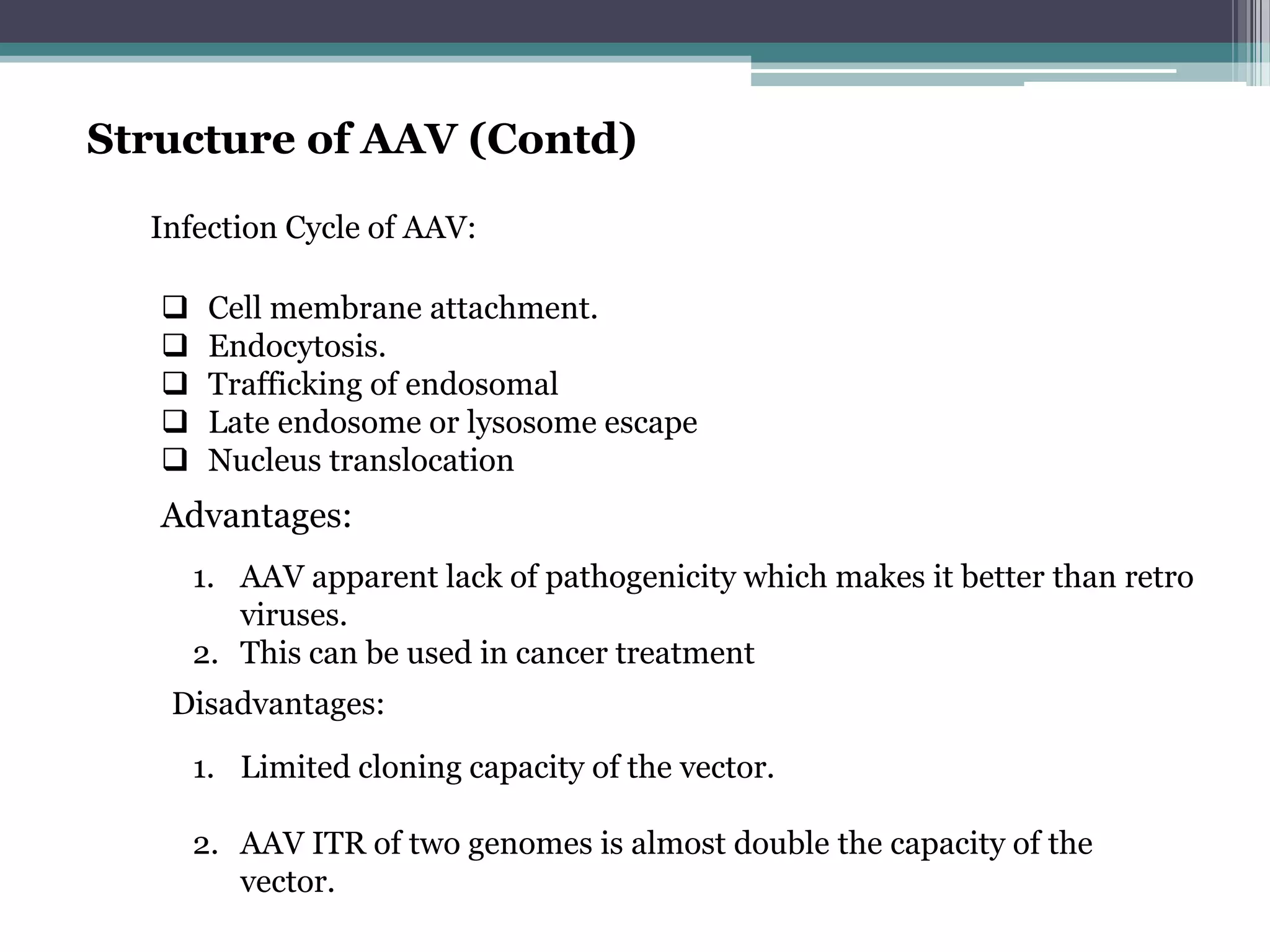 Structure of AAV (Contd)

  Infection Cycle of AAV:

       Cell membrane attachment.
       Endocytosis.
       Trafficking of endosomal
       Late endosome or lysosome escape
       Nucleus translocation
   Advantages:
       1. AAV apparent lack of pathogenicity which makes it better than retro
          viruses.
       2. This can be used in cancer treatment
   Disadvantages:

       1. Limited cloning capacity of the vector.

       2. AAV ITR of two genomes is almost double the capacity of the
          vector.
 