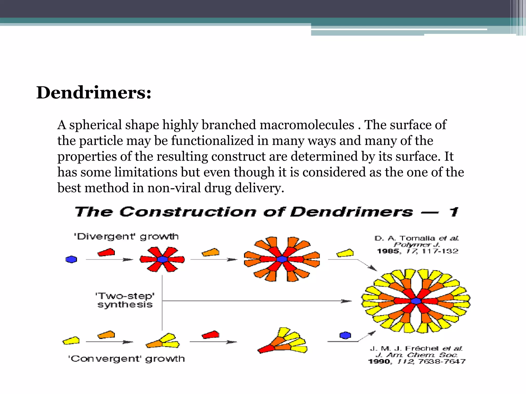 Dendrimers:
  A spherical shape highly branched macromolecules . The surface of
  the particle may be functionalized in many ways and many of the
  properties of the resulting construct are determined by its surface. It
  has some limitations but even though it is considered as the one of the
  best method in non-viral drug delivery.
 