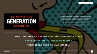 THE SOUND 13
THE SOUNDGENERATION EDGE
WHISTLEBLOWER ROLE MODELS ENCOURAGE MAKING A STAND
A BROKEN SYSTEM THAT NEEDS TO BE FIXED
TECHNOLOGY GIVES THEM A PLATFORM
SO, WHY IS THIS
DIFFERENT?
GENERATION
The Gen Edge version of rebellion is not a destructive
or nihilistic force - it is drive towards reform. They
feel they have a responsibility to change things.
Culture and technology have changed things too.
Behavior which previous generations thought was
transgressive is now normal…
 