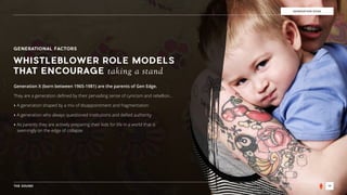 THE SOUND 14
GENERATION EDGE
GENERATIONAL FACTORS
WHISTLEBLOWER ROLE MODELS
THAT ENCOURAGE taking a stand
Generation X (born between 1965-1981) are the parents of Gen Edge.
They are a generation deﬁned by their pervading sense of cynicism and rebellion…
‣ A generation shaped by a mix of disappointment and fragmentation
‣ A generation who always questioned institutions and deﬁed authority
‣ As parents they are actively preparing their kids for life in a world that is
seemingly on the edge of collapse
 