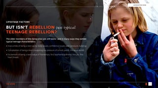 THE SOUND 4
GENERATION EDGE
LIFESTAGE FACTORS
BUT ISN’T REBELLION just typical
TEENAGE REBELLION?
The older members of this Generation are still teens - and in many ways they exhibit
typical teenage characteristics:
‣ Insecurities of being a teen (acne, body issues, conﬁdence issues, peer pressure, bullying)
‣ Complexities of being a teen (navigating the pressure of school, peers, the adult world)
‣ Excitement of being a teen (value of friendships, ﬁrst boyfriend/girlfriend, ﬁrst job, ﬁrst
heart break)
 