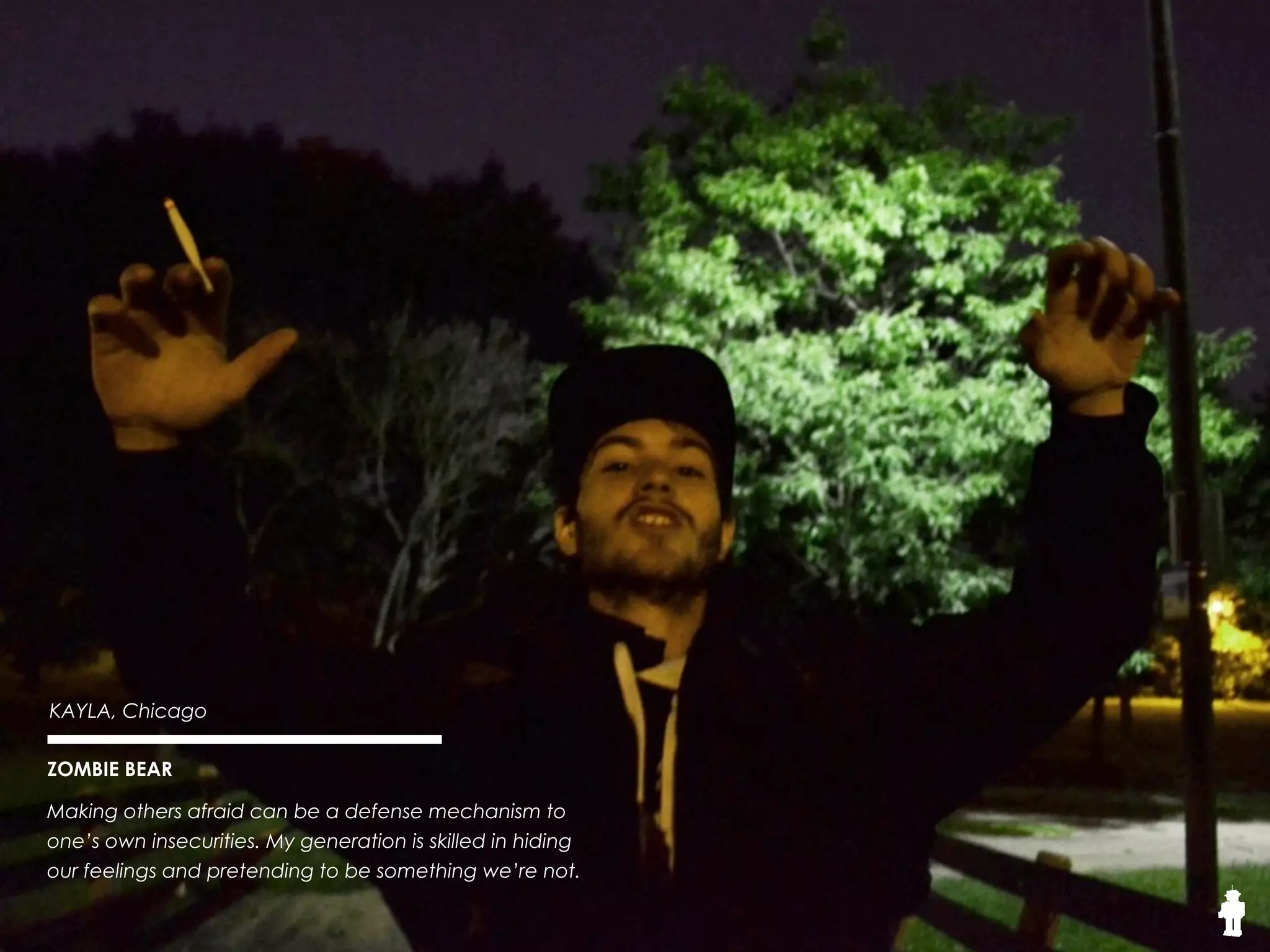 16THE SOUND
Jesus, 18, New York
Scary Girl
This photo was taken during the 
Halloween photo shoot, I just love
 how this picture came up, a girl 
in the middle of the road looking 
so scary. This picture reminds me
 of the old scary legends that 
grandma used to tell me.
 