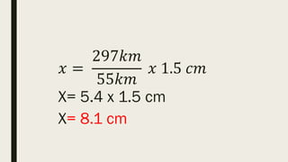 𝑥 =
297𝑘𝑚
55𝑘𝑚
𝑥 1.5 𝑐𝑚
X= 5.4 x 1.5 cm
X= 8.1 cm
 