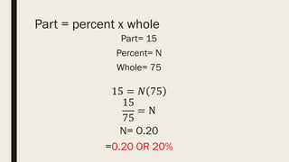 Part = percent x whole
Part= 15
Percent= N
Whole= 75
15 = 𝑁 75
15
75
= N
N= O.20
=0.20 OR 20%
 
