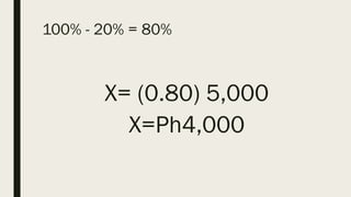 100% - 20% = 80%
X= (0.80) 5,000
X=Ph4,000
 