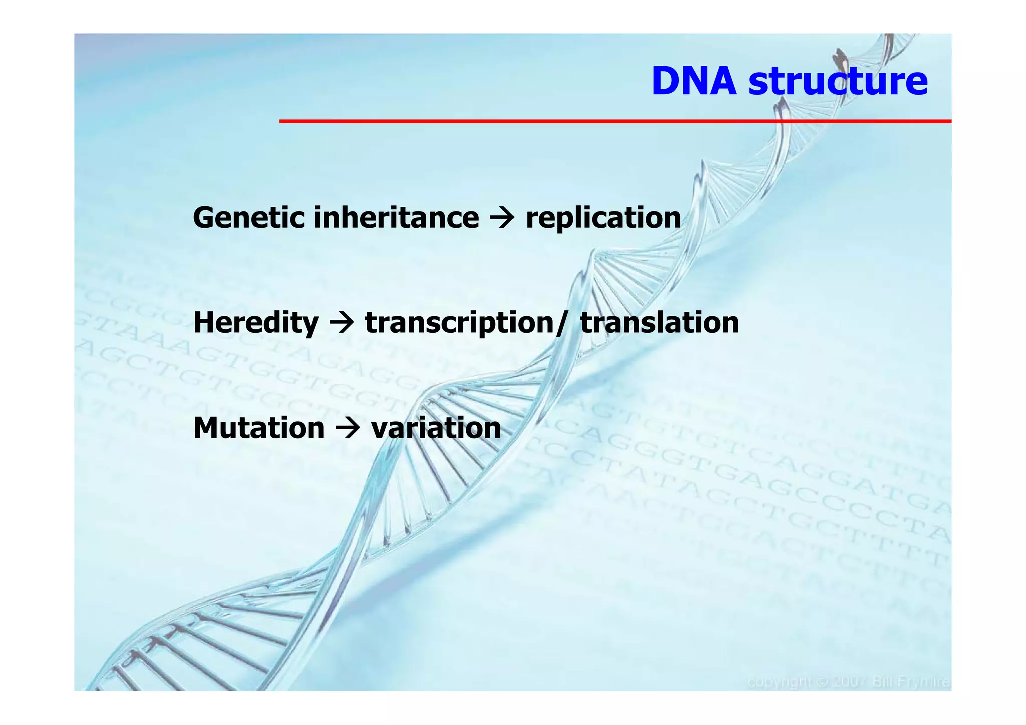 DNA structure


Genetic inheritance    replication


Heredity   transcription/ translation


Mutation   variation
 