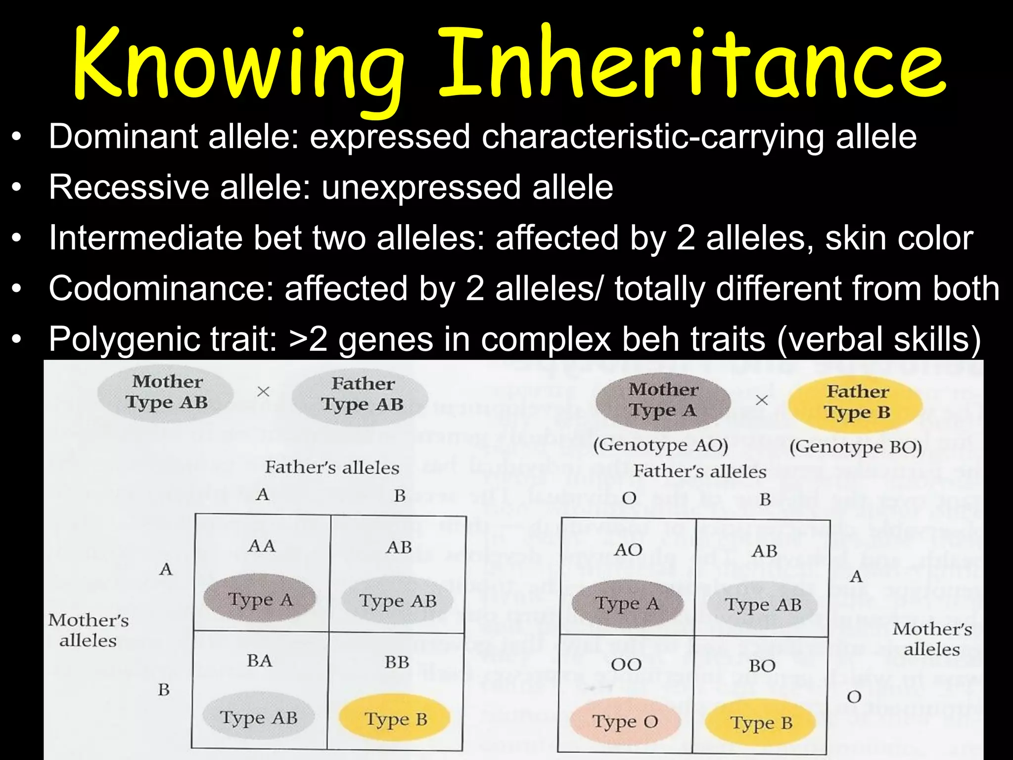 Knowing Inheritance
• Dominant allele: expressed characteristic-carrying allele
• Recessive allele: unexpressed allele
• Intermediate bet two alleles: affected by 2 alleles, skin color
• Codominance: affected by 2 alleles/ totally different from both
• Polygenic trait: >2 genes in complex beh traits (verbal skills)
 