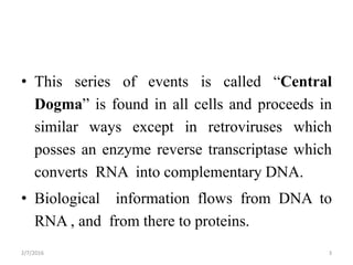 • This series of events is called “Central
Dogma” is found in all cells and proceeds in
similar ways except in retroviruses which
posses an enzyme reverse transcriptase which
converts RNA into complementary DNA.
• Biological information flows from DNA to
RNA , and from there to proteins.
2/7/2016 3
 