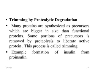 • Trimming by Proteolytic Degradation
 Many proteins are synthesized as precursors
which are bigger in size than functional
proteins. Some portions of precursors is
removed by proteolysis to liberate active
protein . This process is called trimming.
 Example formation of insulin from
proinsulin.
2/7/2016 45
 