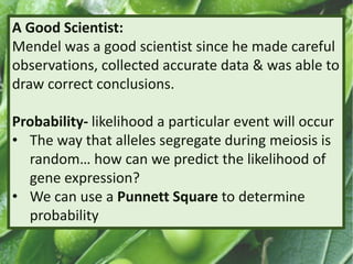 A Good Scientist:
Mendel was a good scientist since he made careful
observations, collected accurate data & was able to
draw correct conclusions.
Probability- likelihood a particular event will occur
• The way that alleles segregate during meiosis is
random… how can we predict the likelihood of
gene expression?
• We can use a Punnett Square to determine
probability
 