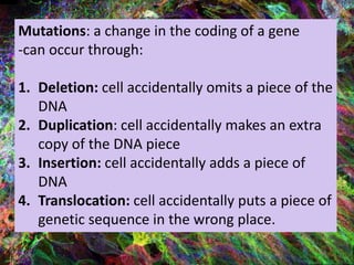 Mutations: a change in the coding of a gene
-can occur through:
1. Deletion: cell accidentally omits a piece of the
DNA
2. Duplication: cell accidentally makes an extra
copy of the DNA piece
3. Insertion: cell accidentally adds a piece of
DNA
4. Translocation: cell accidentally puts a piece of
genetic sequence in the wrong place.
46
 