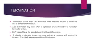 TERMINATION
 Termination occurs when DNA replication forks meet one another or run to the
end of a linear DNA molecule.
 Also, termination may occur when a replication fork is stopped by a replication
terminator protein.
 DNA Ligase fills up the gaps between the Okazaki fragments.
 If mistake or damage occurs, enzymes such as a nuclease will remove the
incorrect DNA. DNA polymerase will then fill in the gap.
 