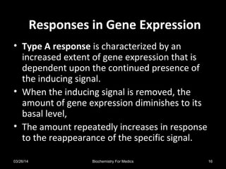 Responses in Gene ExpressionResponses in Gene Expression
• Type A response is characterized by an
increased extent of gene expression that is
dependent upon the continued presence of
the inducing signal.
• When the inducing signal is removed, the
amount of gene expression diminishes to its
basal level,
• The amount repeatedly increases in response
to the reappearance of the specific signal.
03/26/14 16Biochemistry For Medics
 