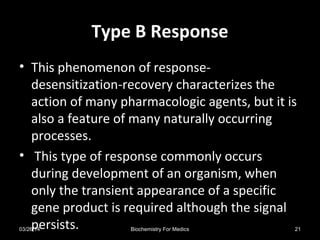 Type B ResponseType B Response
• This phenomenon of response-
desensitization-recovery characterizes the
action of many pharmacologic agents, but it is
also a feature of many naturally occurring
processes.
• This type of response commonly occurs
during development of an organism, when
only the transient appearance of a specific
gene product is required although the signal
persists.03/26/14 21Biochemistry For Medics
 