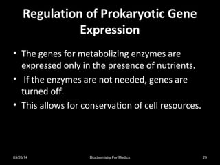 Regulation of Prokaryotic GeneRegulation of Prokaryotic Gene
ExpressionExpression
• The genes for metabolizing enzymes are
expressed only in the presence of nutrients.
• If the enzymes are not needed, genes are
turned off.
• This allows for conservation of cell resources.
03/26/14 29Biochemistry For Medics
 