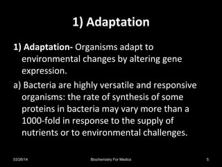 1) Adaptation
1) Adaptation- Organisms adapt to
environmental changes by altering gene
expression.
a) Bacteria are highly versatile and responsive
organisms: the rate of synthesis of some
proteins in bacteria may vary more than a
1000-fold in response to the supply of
nutrients or to environmental challenges.
03/26/14 5Biochemistry For Medics
 