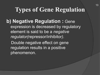 Types of Gene Regulation
b) Negative Regulation : Gene
expression is decreased by regulatory
element is said to be a negative
regulator(repressor/inhibitor).
Double negative effect on gene
regulation results in a positive
phenomenon.
13
 