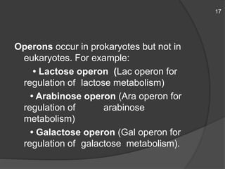 Operons occur in prokaryotes but not in
eukaryotes. For example:
• Lactose operon (Lac operon for
regulation of lactose metabolism)
• Arabinose operon (Ara operon for
regulation of arabinose
metabolism)
• Galactose operon (Gal operon for
regulation of galactose metabolism).
17
 