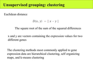Unsupervised grouping: clustering Euclidean distance The square root of the sum of the squared differences x and y are vectors containing the expression values for two different genes The clustering methods most commonly applied to gene expression data are hierarchical clustering, self organizing maps, and k-means clustering 