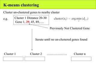 K-means clustering Cluster un-clustered genes to nearby cluster  e.g. Gene 1,  29 , 45, 89,…. Previously Not Clustered Gene Cluster 1 Distance 20-30 Iterate until no un-clustered genes found  Cluster 1  Cluster 2  ……………….  Cluster n 