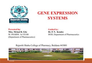 GENE EXPRESSION
SYSTEMS
Presented by:
Miss. Mrinal R. Gite
M. PHARM. 1st YEAR
(Department of Pharmaceutics)
Guided by:
Dr. P. N. Kendre
HOD, Department of Pharmaceutics
Rajarshi Shahu College of Pharmacy, Buldana 443001
11-05-2020 1
 