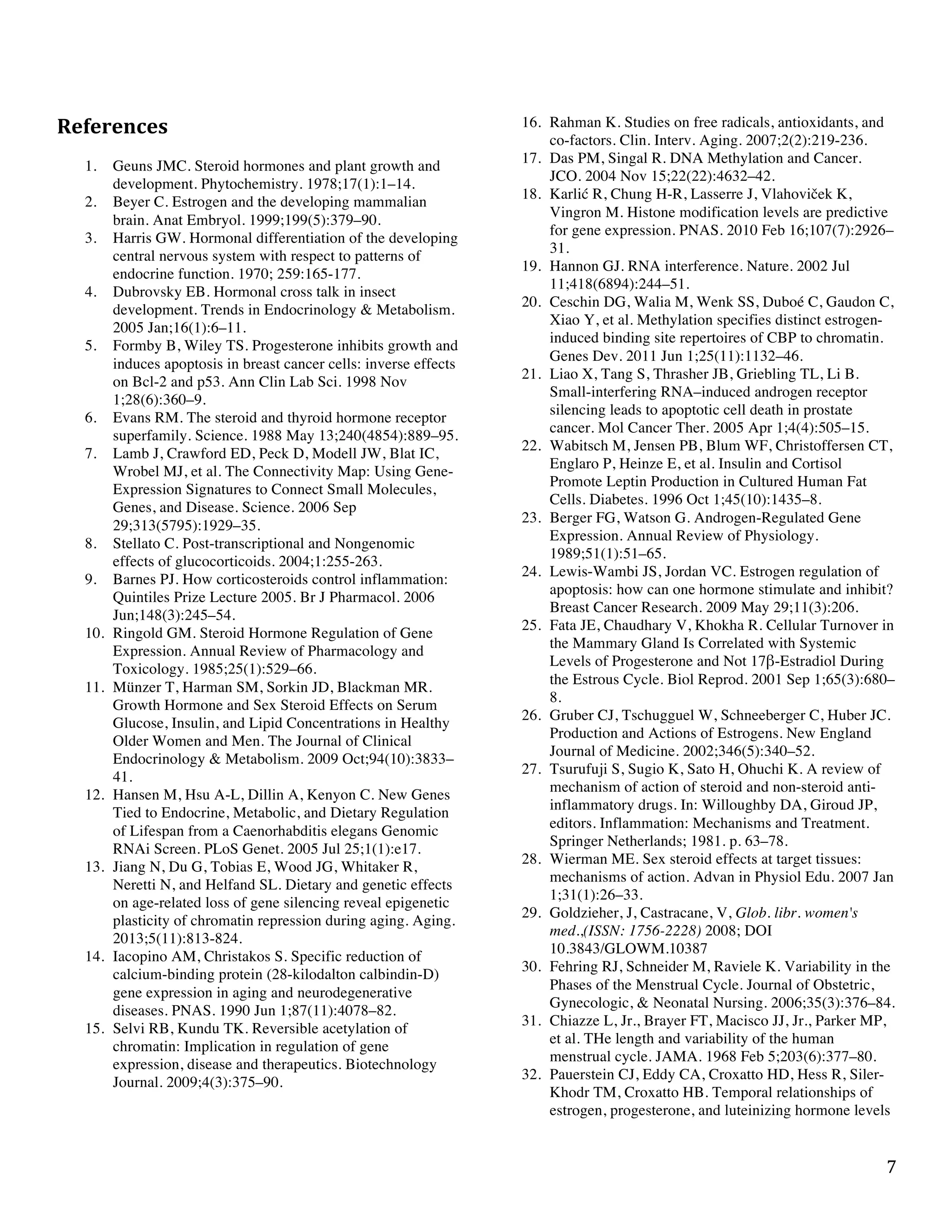   7	
  
References	
  
	
  
1. Geuns JMC. Steroid hormones and plant growth and
development. Phytochemistry. 1978;17(1):1–14.
2. Beyer C. Estrogen and the developing mammalian
brain. Anat Embryol. 1999;199(5):379–90.
3. Harris GW. Hormonal differentiation of the developing
central nervous system with respect to patterns of
endocrine function. 1970; 259:165-177.
4. Dubrovsky EB. Hormonal cross talk in insect
development. Trends in Endocrinology & Metabolism.
2005 Jan;16(1):6–11.
5. Formby B, Wiley TS. Progesterone inhibits growth and
induces apoptosis in breast cancer cells: inverse effects
on Bcl-2 and p53. Ann Clin Lab Sci. 1998 Nov
1;28(6):360–9.
6. Evans RM. The steroid and thyroid hormone receptor
superfamily. Science. 1988 May 13;240(4854):889–95.
7. Lamb J, Crawford ED, Peck D, Modell JW, Blat IC,
Wrobel MJ, et al. The Connectivity Map: Using Gene-
Expression Signatures to Connect Small Molecules,
Genes, and Disease. Science. 2006 Sep
29;313(5795):1929–35.
8. Stellato C. Post-transcriptional and Nongenomic
effects of glucocorticoids. 2004;1:255-263.
9. Barnes PJ. How corticosteroids control inflammation:
Quintiles Prize Lecture 2005. Br J Pharmacol. 2006
Jun;148(3):245–54.
10. Ringold GM. Steroid Hormone Regulation of Gene
Expression. Annual Review of Pharmacology and
Toxicology. 1985;25(1):529–66.
11. Münzer T, Harman SM, Sorkin JD, Blackman MR.
Growth Hormone and Sex Steroid Effects on Serum
Glucose, Insulin, and Lipid Concentrations in Healthy
Older Women and Men. The Journal of Clinical
Endocrinology & Metabolism. 2009 Oct;94(10):3833–
41.
12. Hansen M, Hsu A-L, Dillin A, Kenyon C. New Genes
Tied to Endocrine, Metabolic, and Dietary Regulation
of Lifespan from a Caenorhabditis elegans Genomic
RNAi Screen. PLoS Genet. 2005 Jul 25;1(1):e17.
13. Jiang N, Du G, Tobias E, Wood JG, Whitaker R,
Neretti N, and Helfand SL. Dietary and genetic effects
on age-related loss of gene silencing reveal epigenetic
plasticity of chromatin repression during aging. Aging.
2013;5(11):813-824.
14. Iacopino AM, Christakos S. Specific reduction of
calcium-binding protein (28-kilodalton calbindin-D)
gene expression in aging and neurodegenerative
diseases. PNAS. 1990 Jun 1;87(11):4078–82.
15. Selvi RB, Kundu TK. Reversible acetylation of
chromatin: Implication in regulation of gene
expression, disease and therapeutics. Biotechnology
Journal. 2009;4(3):375–90.
16. Rahman K. Studies on free radicals, antioxidants, and
co-factors. Clin. Interv. Aging. 2007;2(2):219-236.
17. Das PM, Singal R. DNA Methylation and Cancer.
JCO. 2004 Nov 15;22(22):4632–42.
18. Karlić R, Chung H-R, Lasserre J, Vlahoviček K,
Vingron M. Histone modification levels are predictive
for gene expression. PNAS. 2010 Feb 16;107(7):2926–
31.
19. Hannon GJ. RNA interference. Nature. 2002 Jul
11;418(6894):244–51.
20. Ceschin DG, Walia M, Wenk SS, Duboé C, Gaudon C,
Xiao Y, et al. Methylation specifies distinct estrogen-
induced binding site repertoires of CBP to chromatin.
Genes Dev. 2011 Jun 1;25(11):1132–46.
21. Liao X, Tang S, Thrasher JB, Griebling TL, Li B.
Small-interfering RNA–induced androgen receptor
silencing leads to apoptotic cell death in prostate
cancer. Mol Cancer Ther. 2005 Apr 1;4(4):505–15.
22. Wabitsch M, Jensen PB, Blum WF, Christoffersen CT,
Englaro P, Heinze E, et al. Insulin and Cortisol
Promote Leptin Production in Cultured Human Fat
Cells. Diabetes. 1996 Oct 1;45(10):1435–8.
23. Berger FG, Watson G. Androgen-Regulated Gene
Expression. Annual Review of Physiology.
1989;51(1):51–65.
24. Lewis-Wambi JS, Jordan VC. Estrogen regulation of
apoptosis: how can one hormone stimulate and inhibit?
Breast Cancer Research. 2009 May 29;11(3):206.
25. Fata JE, Chaudhary V, Khokha R. Cellular Turnover in
the Mammary Gland Is Correlated with Systemic
Levels of Progesterone and Not 17β-Estradiol During
the Estrous Cycle. Biol Reprod. 2001 Sep 1;65(3):680–
8.
26. Gruber CJ, Tschugguel W, Schneeberger C, Huber JC.
Production and Actions of Estrogens. New England
Journal of Medicine. 2002;346(5):340–52.
27. Tsurufuji S, Sugio K, Sato H, Ohuchi K. A review of
mechanism of action of steroid and non-steroid anti-
inflammatory drugs. In: Willoughby DA, Giroud JP,
editors. Inflammation: Mechanisms and Treatment.
Springer Netherlands; 1981. p. 63–78.
28. Wierman ME. Sex steroid effects at target tissues:
mechanisms of action. Advan in Physiol Edu. 2007 Jan
1;31(1):26–33.
29. Goldzieher, J, Castracane, V, Glob. libr. women's
med.,(ISSN: 1756-2228) 2008; DOI
10.3843/GLOWM.10387
30. Fehring RJ, Schneider M, Raviele K. Variability in the
Phases of the Menstrual Cycle. Journal of Obstetric,
Gynecologic, & Neonatal Nursing. 2006;35(3):376–84.
31. Chiazze L, Jr., Brayer FT, Macisco JJ, Jr., Parker MP,
et al. THe length and variability of the human
menstrual cycle. JAMA. 1968 Feb 5;203(6):377–80.
32. Pauerstein CJ, Eddy CA, Croxatto HD, Hess R, Siler-
Khodr TM, Croxatto HB. Temporal relationships of
estrogen, progesterone, and luteinizing hormone levels
 