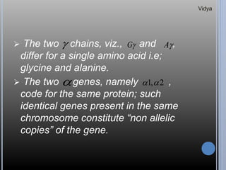  The two chains, viz., and ,
differ for a single amino acid i.e;
glycine and alanine.
 The two genes, namely ,
code for the same protein; such
identical genes present in the same
chromosome constitute “non allelic
copies” of the gene.
 G A
 2,1 
Vidya
 