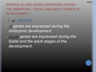 VARIOUS GLOBIN GENES EXPRESSED DURING
THE EMBRYONIC, FOETAL AND ADULT STAGES OF
DEVELOPMENT :-
1. -globins
• genes are expressed during the
embryonic development.
• genes are expressed during the
foetal and the adult stages of the
development.


1,2 
Vidya
 