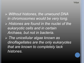  Without histones, the unwound DNA
in chromosomes would be very long.
 Histones are found in the nuclei of the
eukaryotic cells and in certain
Archaea, but not in bacteria.
 The unicellular algae known as
dinoflagellates are the only eukaryotes
that are known to completely lack
histones.
Vidya
 