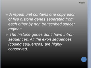  A repeat unit contains one copy each
of five histone genes seperated from
each other by non transcribed spacer
regions.
 The histone genes don’t have intron
sequences. All the exon sequences
(coding sequences) are highly
conserved.
Vidya
 