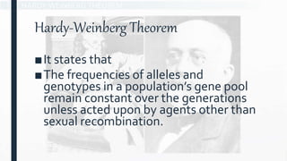 Hardy-Weinberg Theorem
■It states that
■The frequencies of alleles and
genotypes in a population’s gene pool
remain constant over the generations
unless acted upon by agents other than
sexual recombination.
 