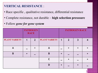 VERTICAL RESISTANCE :
• Race specific , qualitative resistance, differential resistance
• Complete resistance, not durable – high selection presssure
• Follow gene for gene system
3
PATHOGEN
RACE
PATHOGEN RACE
PLANT VARIETY 1 2 PLANT VARIETY 1 2 3 4
A _ + A _ + + +
B + _ B + _ _ +
C _ + _ +
D + _ + _
 