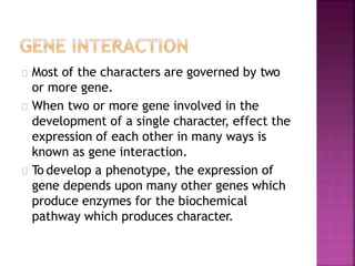 Most of the characters are governed by two
or more gene.
When two or more gene involved in the
development of a single character, effect the
expression of each other in many ways is
known as gene interaction.
To develop a phenotype, the expression of
gene depends upon many other genes which
produce enzymes for the biochemical
pathway which produces character.
 