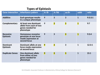 Dr.V.Malathi, Associate Professor in Biochemistry, Ethiraj College for Women,Chennai-8
Gene interaction Inheritance pattern A-/B- A-/bb aa/B- aabb ratio
Additive Each genotype results
in a unique phenotype
9 3 3 1 9:3:3:1
Complementary At least one dominant
allele from each of two
genes needed for
phenotype
9 3 3 1 9:7
Recessive
Epistasis
Homozyous recessive
genotype at one locus
masks expression at
second locus
9 3 3 1 9:3:4
Dominant
Epistasis
Dominant allele at one
locus masks expression
at second locus
9 3 3 1 12:3:1
Duplicate Genes One dominant allele
from either of two
genes needed for
phenotype
9 3 3 1 15:1
Types of Epistasis
 