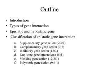 Outline
• Introduction
• Types of gene interaction
• Epistatic and hypostatic gene
• Classification of epistatic gene interaction
a. Supplementary gene action (9:3:4)
b. Complementary gene action (9:7)
c. Inhibitory gene action (13:3)
d. Duplicate gene interaction (15:1)
e. Masking gene action (12:3:1)
f. Polymeric gene action (9:6:1)
 