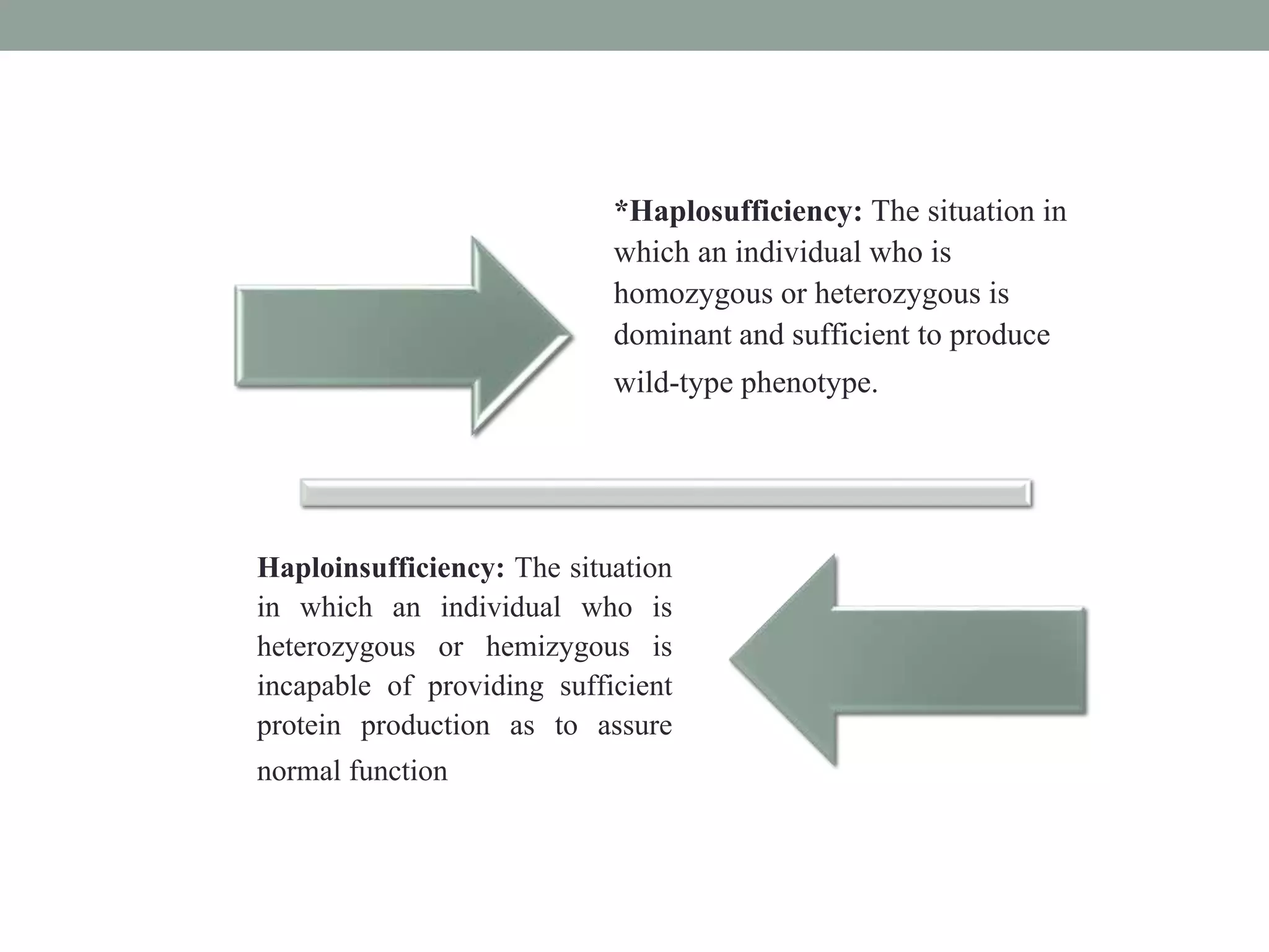 *Haplosufficiency: The situation in
which an individual who is
homozygous or heterozygous is
dominant and sufficient to produce
wild-type phenotype.
Haploinsufficiency: The situation
in which an individual who is
heterozygous or hemizygous is
incapable of providing sufficient
protein production as to assure
normal function
 