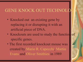 GENE KNOCK OUT TECHNOLOGY
• Knocked out an existing gene by
replacing it or disrupting it with an
artificial piece of DNA.
• Knockouts are used to study the function of
specific genes.
• The first recorded knockout mouse was
created by Mario R. Capecchi, Martin
Evans and Oliver Smithies in 1989
 