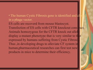 • The human Cystic Fibrosis gene is identified and cloned
in a phage vector.
ES cells are recoverd from mouse blastocyst.
Transfection of ES cells with CFTR knockout construct.
Animals homozygous for the CFTR knock out allele
display a mutant phenotype that is very similar to that
expressed by humans suffering from Cystic Fibrosis.
Thus ,in developing drugs to alleviate CF system in
human,pharmaceutical researches can first test new
products in mice to determine their efficiency.
 