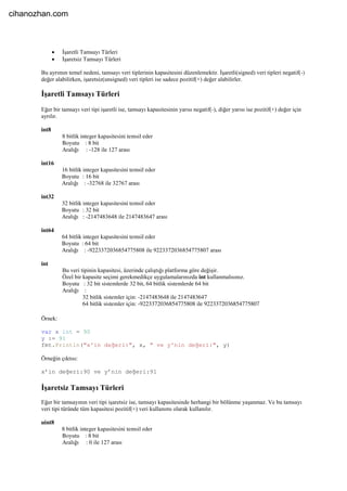  İşaretli Tamsayı Türleri
 İşaretsiz Tamsayı Türleri
Bu ayrımın temel nedeni, tamsayı veri tiplerinin kapasitesini düzenlemektir. İşaretli(signed) veri tipleri negatif(-)
değer alabilirken, işaretsiz(unsigned) veri tipleri ise sadece pozitif(+) değer alabilirler.
İşaretli Tamsayı Türleri
Eğer bir tamsayı veri tipi işaretli ise, tamsayı kapasitesinin yarısı negatif(-), diğer yarısı ise pozitif(+) değer için
ayrılır.
int8
8 bitlik integer kapasitesini temsil eder
Boyutu : 8 bit
Aralığı : -128 ile 127 arası
int16
16 bitlik integer kapasitesini temsil eder
Boyutu : 16 bit
Aralığı : -32768 ile 32767 arası
int32
32 bitlik integer kapasitesini temsil eder
Boyutu : 32 bit
Aralığı : -2147483648 ile 2147483647 arası
int64
64 bitlik integer kapasitesini temsil eder
Boyutu : 64 bit
Aralığı : -9223372036854775808 ile 9223372036854775807 arası
int
Bu veri tipinin kapasitesi, üzerinde çalıştığı platforma göre değişir.
Özel bir kapasite seçimi gerekmedikçe uygulamalarınızda int kullanmalısınız.
Boyutu : 32 bit sistemlerde 32 bit, 64 bitlik sistemlerde 64 bit
Aralığı :
32 bitlik sistemler için: -2147483648 ile 2147483647
64 bitlik sistemler için: -9223372036854775808 ile 9223372036854775807
Örnek:
var x int = 90
y := 91
fmt.Println("x'in değeri:", x, " ve y'nin değeri:", y)
Örneğin çıktısı:
x’in değeri:90 ve y’nin değeri:91
İşaretsiz Tamsayı Türleri
Eğer bir tamsayının veri tipi işaretsiz ise, tamsayı kapasitesinde herhangi bir bölünme yaşanmaz. Ve bu tamsayı
veri tipi türünde tüm kapasitesi pozitif(+) veri kullanımı olarak kullanılır.
uint8
8 bitlik integer kapasitesini temsil eder
Boyutu : 8 bit
Aralığı : 0 ile 127 arası
cihanozhan.com
 